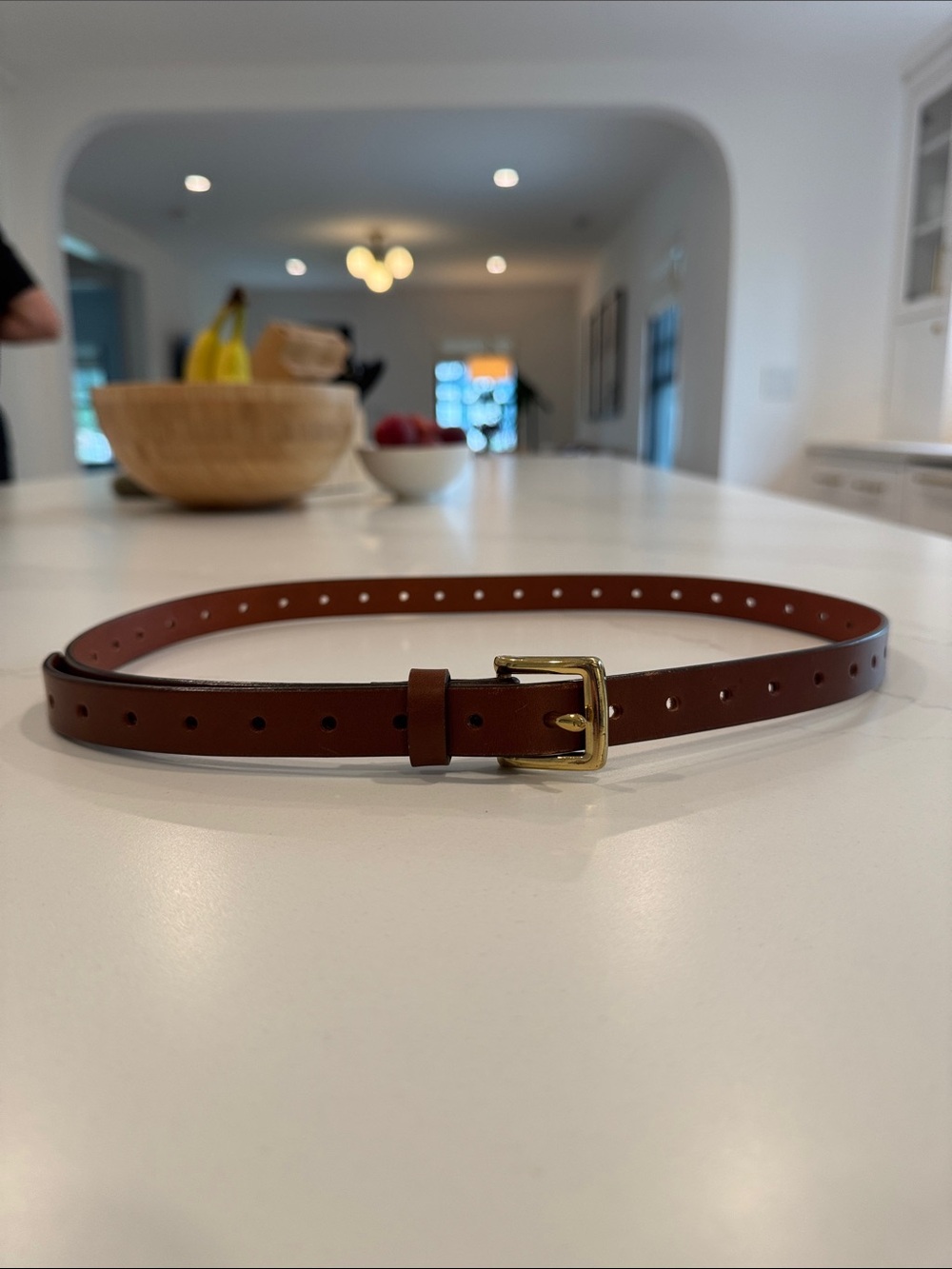 Brown J Crew Perforated Italian Leather Belt with Gold Buckle